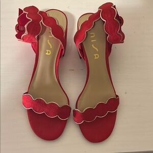 Red Scalloped Women's Sandals Block Heel Sandals Red Suede w/ Gold Trim